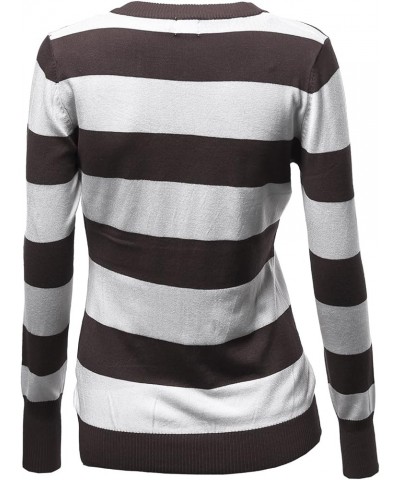 Women's Basic V-Neck Stripe Long Sleeves Knit Sweatshirt Awttl0151 Brown $10.29 Sweaters