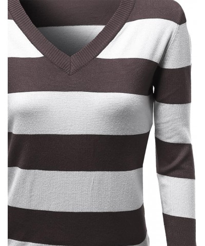 Women's Basic V-Neck Stripe Long Sleeves Knit Sweatshirt Awttl0151 Brown $10.29 Sweaters