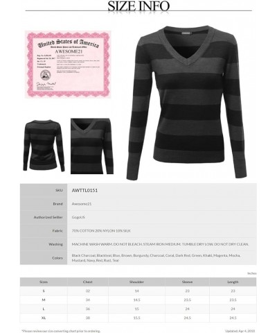 Women's Basic V-Neck Stripe Long Sleeves Knit Sweatshirt Awttl0151 Brown $10.29 Sweaters