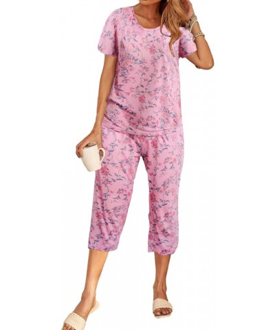 Women's Capri Pajama Sets Floral Print Short Sleeve Sleepwear Top and Capri Pants 2 Piece Loungewear with Pockets Roes Flower...