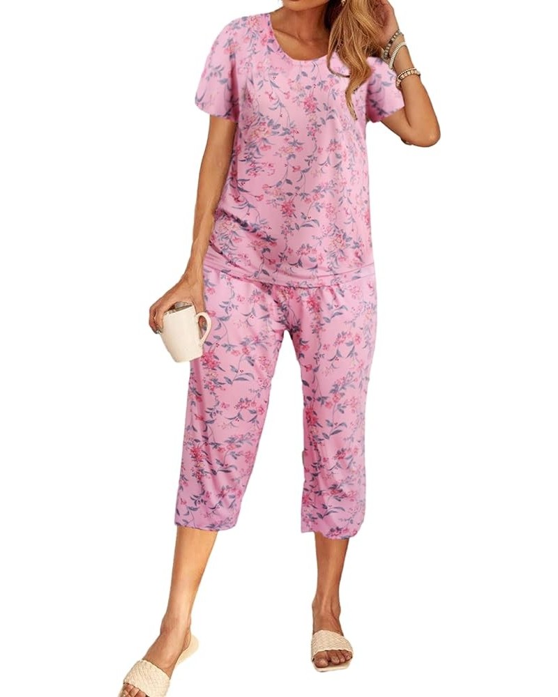 Women's Capri Pajama Sets Floral Print Short Sleeve Sleepwear Top and Capri Pants 2 Piece Loungewear with Pockets Roes Flower...