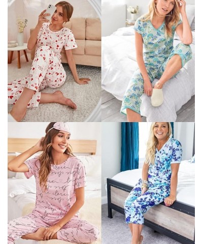 Women's Capri Pajama Sets Floral Print Short Sleeve Sleepwear Top and Capri Pants 2 Piece Loungewear with Pockets Roes Flower...