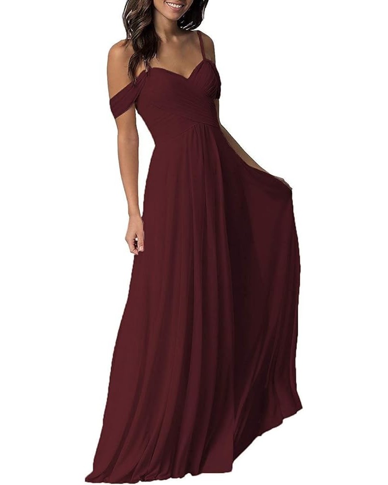 Women's A-Line Pleated Cold-Shoulder Chiffon Long Bridesmaid Dress Burgundy $32.48 Dresses