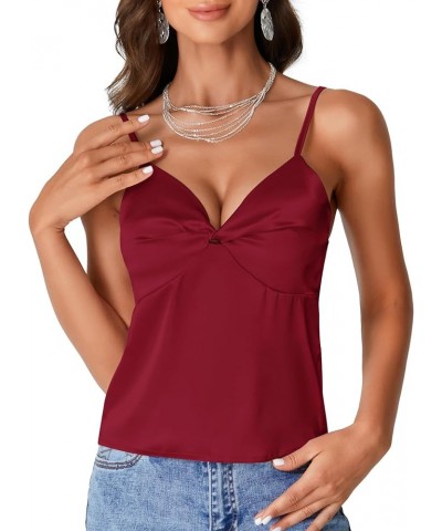 Women's Satin Silky Spaghetti Strap Twist Sleeveless Crop Cami Top Blouse Shirt Burgundy $13.74 Tanks