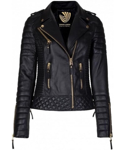 Women's Lambskin Leather Motorcycle Biker Jacket - X Large Black $47.58 Coats