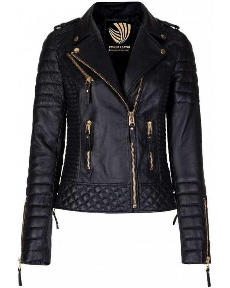 Women's Lambskin Leather Motorcycle Biker Jacket - X Large Black $47.58 Coats