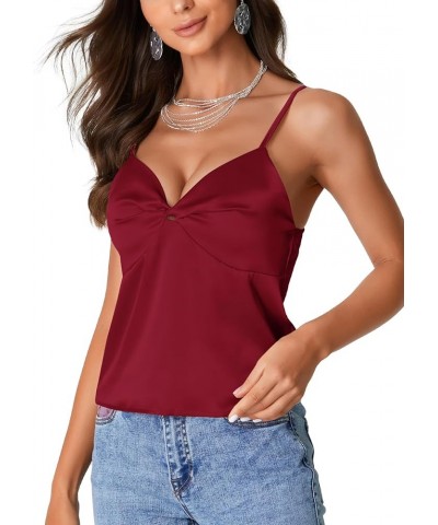 Women's Satin Silky Spaghetti Strap Twist Sleeveless Crop Cami Top Blouse Shirt Burgundy $13.74 Tanks