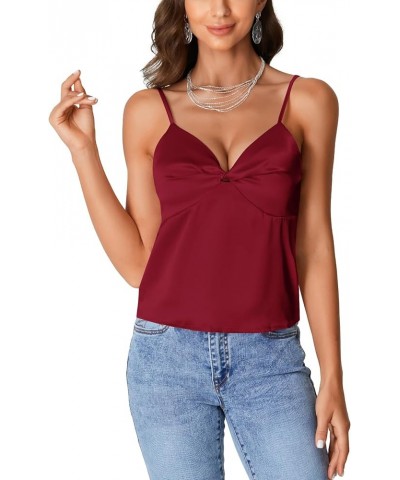 Women's Satin Silky Spaghetti Strap Twist Sleeveless Crop Cami Top Blouse Shirt Burgundy $13.74 Tanks