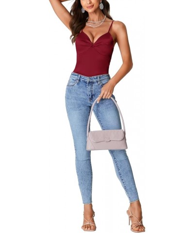 Women's Satin Silky Spaghetti Strap Twist Sleeveless Crop Cami Top Blouse Shirt Burgundy $13.74 Tanks