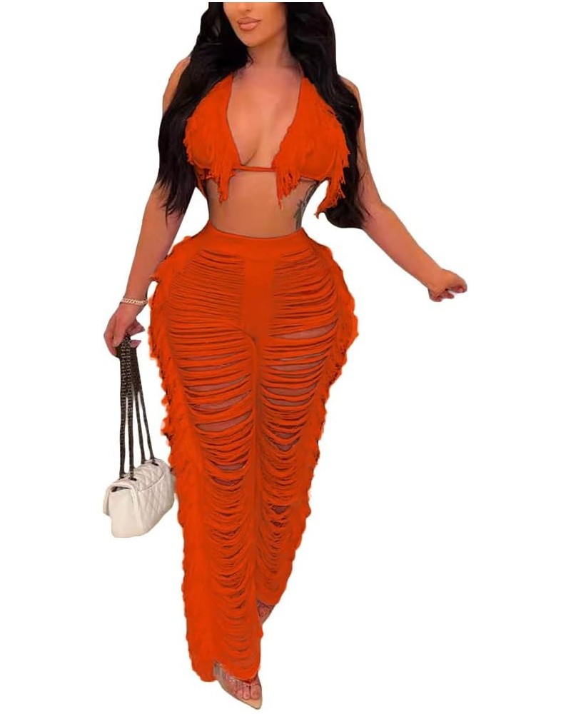 Two Piece Beach Outfits for Women Crochet Tassels Hollow Out Bikini Bra Top and Wide Leg Pants Set Cover Up Jumpsuits Orange ...