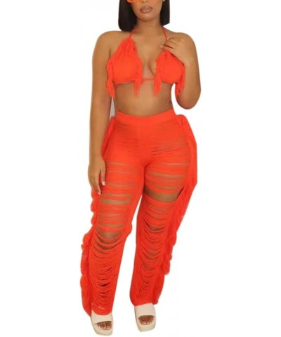 Two Piece Beach Outfits for Women Crochet Tassels Hollow Out Bikini Bra Top and Wide Leg Pants Set Cover Up Jumpsuits Orange ...