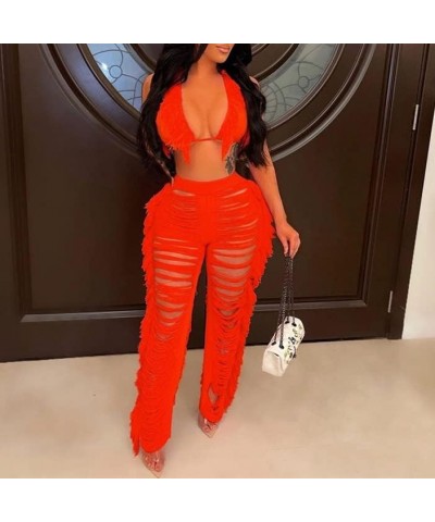 Two Piece Beach Outfits for Women Crochet Tassels Hollow Out Bikini Bra Top and Wide Leg Pants Set Cover Up Jumpsuits Orange ...