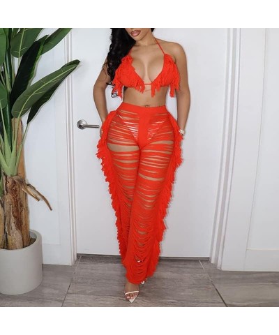 Two Piece Beach Outfits for Women Crochet Tassels Hollow Out Bikini Bra Top and Wide Leg Pants Set Cover Up Jumpsuits Orange ...