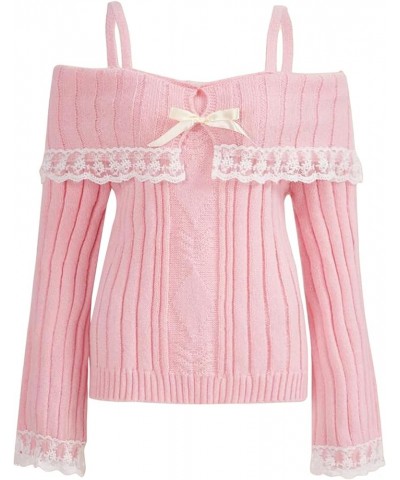 Women Off Shoulder Top Y2K Long Sleeve Lace Trim Knit Shirt Fashion Cute Solid Pullover Sweater A-pink Shirt $11.43 Sweaters