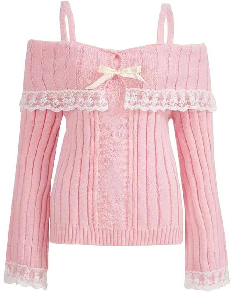 Women Off Shoulder Top Y2K Long Sleeve Lace Trim Knit Shirt Fashion Cute Solid Pullover Sweater A-pink Shirt $11.43 Sweaters