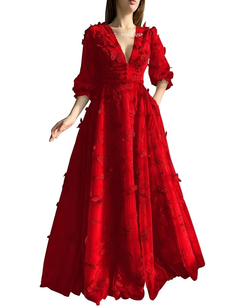 Long Sleeve Prom Dress 3D Butterfly Tulle Ball Gown for Women 2024 V Neck Puffy Formal Evening Gowns with Pockets Red $41.24 ...