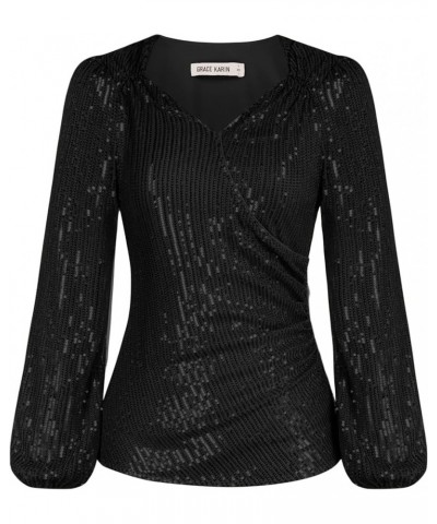 Womens Sparkly Sequin Top Long Sleeves Glitter Blouse V Neck Ruched Sparkle Dressy Party Club Tops Black $26.40 Blouses