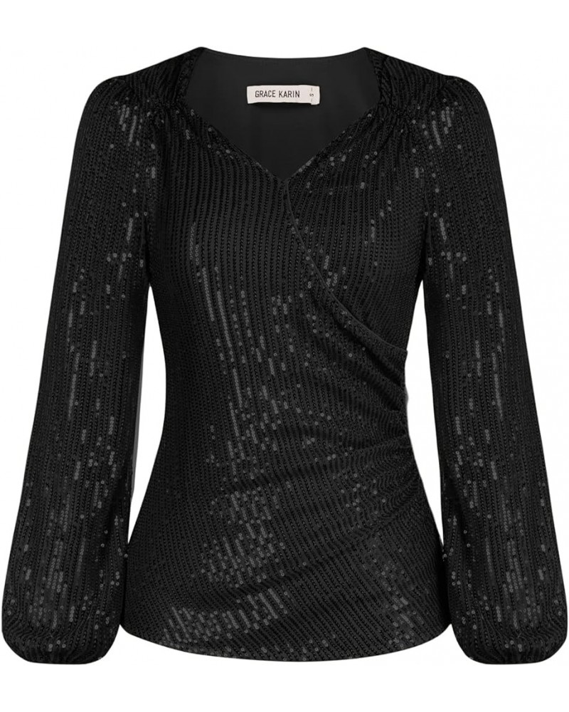 Womens Sparkly Sequin Top Long Sleeves Glitter Blouse V Neck Ruched Sparkle Dressy Party Club Tops Black $26.40 Blouses