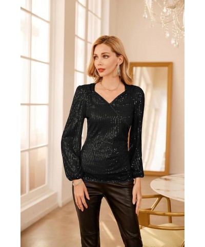 Womens Sparkly Sequin Top Long Sleeves Glitter Blouse V Neck Ruched Sparkle Dressy Party Club Tops Black $26.40 Blouses