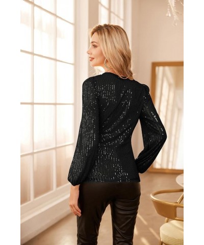 Womens Sparkly Sequin Top Long Sleeves Glitter Blouse V Neck Ruched Sparkle Dressy Party Club Tops Black $26.40 Blouses