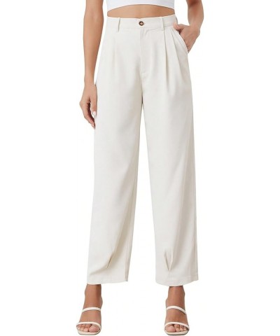 Women's Casual High Waist Fold Pleated Straight Leg Trousers Work Pants with Pocket White Solid $15.20 Pants