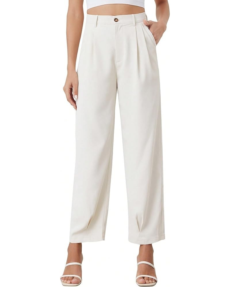 Women's Casual High Waist Fold Pleated Straight Leg Trousers Work Pants with Pocket White Solid $15.20 Pants