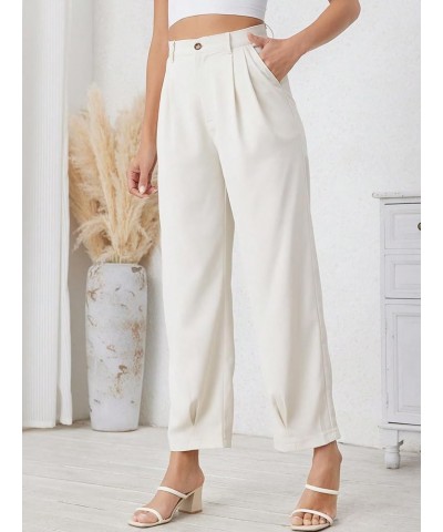 Women's Casual High Waist Fold Pleated Straight Leg Trousers Work Pants with Pocket White Solid $15.20 Pants