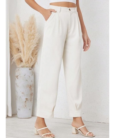 Women's Casual High Waist Fold Pleated Straight Leg Trousers Work Pants with Pocket White Solid $15.20 Pants