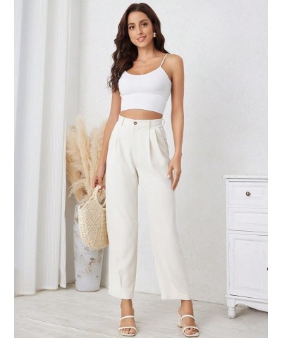 Women's Casual High Waist Fold Pleated Straight Leg Trousers Work Pants with Pocket White Solid $15.20 Pants