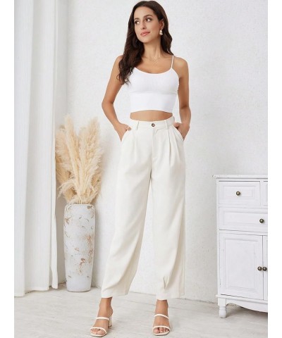 Women's Casual High Waist Fold Pleated Straight Leg Trousers Work Pants with Pocket White Solid $15.20 Pants