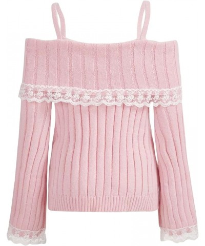 Women Off Shoulder Top Y2K Long Sleeve Lace Trim Knit Shirt Fashion Cute Solid Pullover Sweater A-pink Shirt $11.43 Sweaters