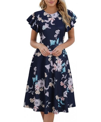 Women's Semi-Formal Ruffle Sleeves V-Back Work Fit and Flare Cocktail Wedding Guest Dress with Pockets 842 Navy Pink $21.83 O...