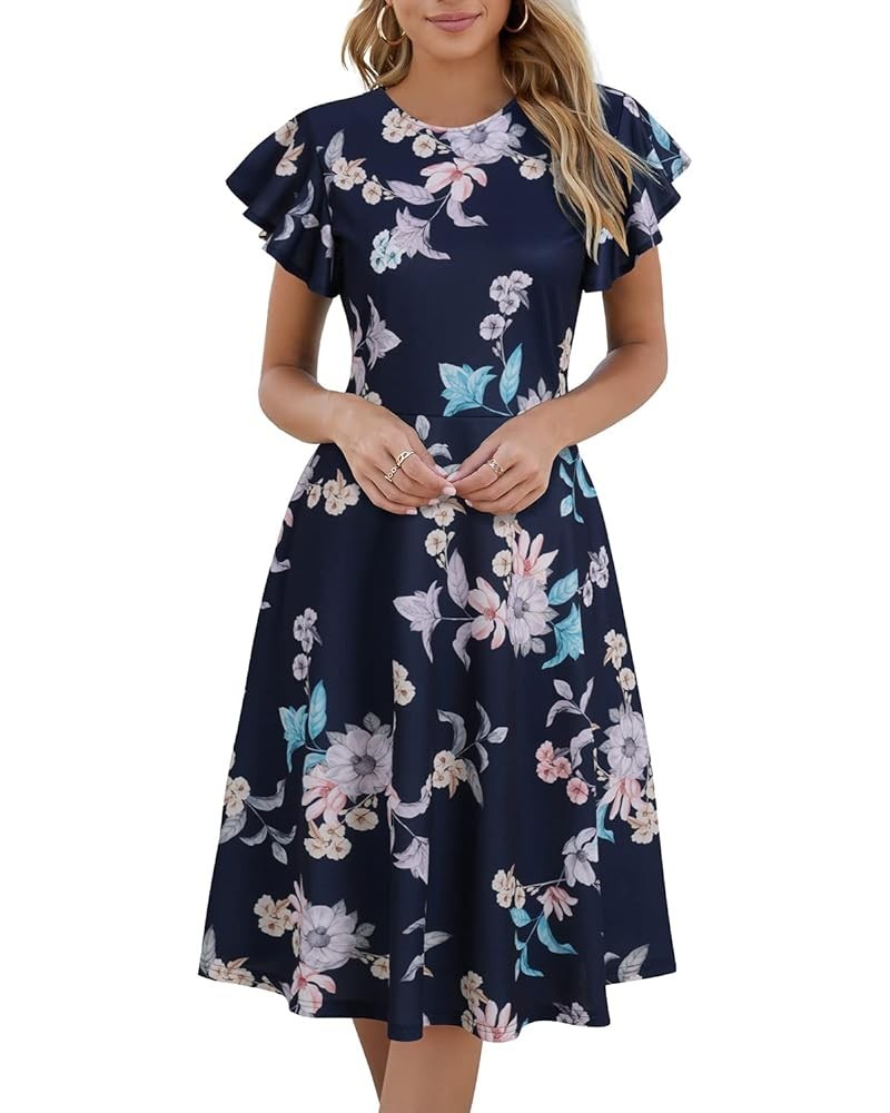 Women's Semi-Formal Ruffle Sleeves V-Back Work Fit and Flare Cocktail Wedding Guest Dress with Pockets 842 Navy Pink $21.83 O...