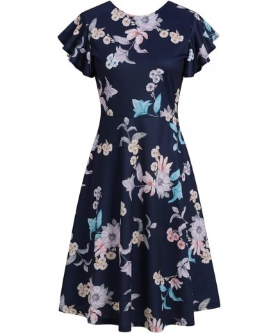 Women's Semi-Formal Ruffle Sleeves V-Back Work Fit and Flare Cocktail Wedding Guest Dress with Pockets 842 Navy Pink $21.83 O...