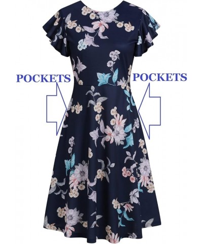 Women's Semi-Formal Ruffle Sleeves V-Back Work Fit and Flare Cocktail Wedding Guest Dress with Pockets 842 Navy Pink $21.83 O...