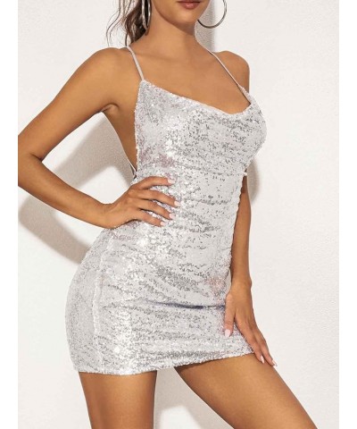 Sequin Bodycon Dress Sparkly Spaghetti Strap Dress Backless Cocktail Party Dresses Women Strapless Clubwear Mini Dress Silver...