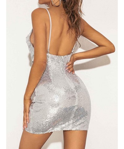 Sequin Bodycon Dress Sparkly Spaghetti Strap Dress Backless Cocktail Party Dresses Women Strapless Clubwear Mini Dress Silver...