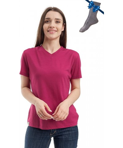 Merino Wool T Shirt Women - 100% Merino Wool Base Layer Women Short Sleeve Tee + Merino Wool Hiking Socks Purple V-neck $25.9...