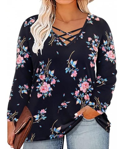 Plus Size Tops for Women Criss Cross Long Sleeve Shirts V Neck Tunics Casual Fall T Shirt Loose Fits Blouses XL-5XL 3-floral ...