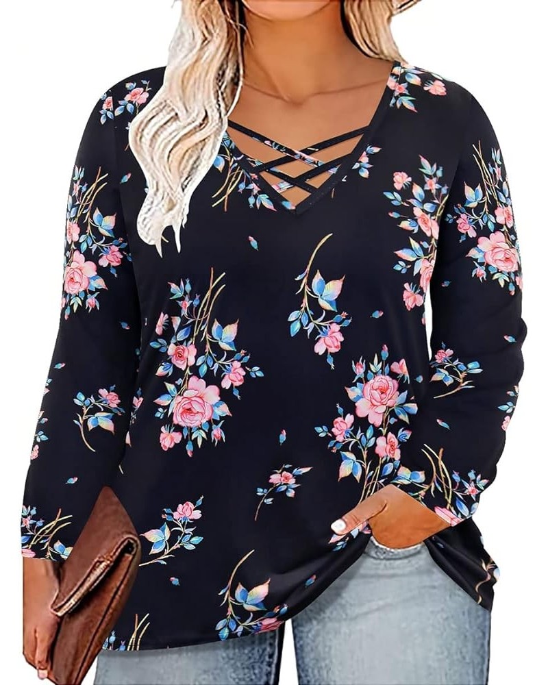 Plus Size Tops for Women Criss Cross Long Sleeve Shirts V Neck Tunics Casual Fall T Shirt Loose Fits Blouses XL-5XL 3-floral ...