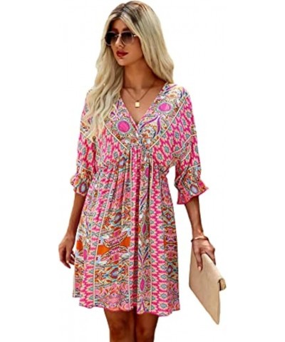 Women's Boho Tribal Print Short Sleeve V Neck Tie Back Summer Shift Dress Pink $20.90 Dresses