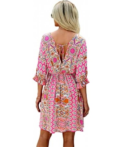 Women's Boho Tribal Print Short Sleeve V Neck Tie Back Summer Shift Dress Pink $20.90 Dresses