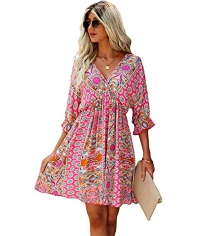 Women's Boho Tribal Print Short Sleeve V Neck Tie Back Summer Shift Dress Pink $20.90 Dresses