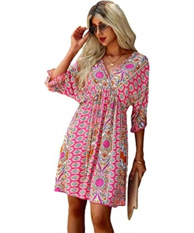 Women's Boho Tribal Print Short Sleeve V Neck Tie Back Summer Shift Dress Pink $20.90 Dresses