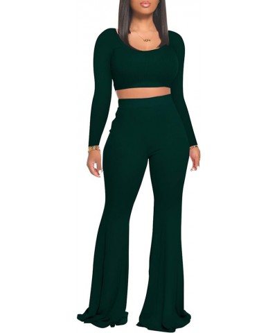 Two Piece Outfits for Women Sexy Crop Top + Flared Long Pants Sweat Suits Ribbed Fitted Tracksuits Yoga Set Dark Green $18.45...