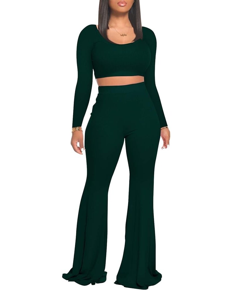 Two Piece Outfits for Women Sexy Crop Top + Flared Long Pants Sweat Suits Ribbed Fitted Tracksuits Yoga Set Dark Green $18.45...