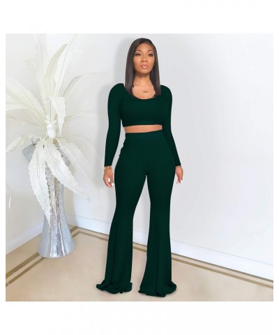 Two Piece Outfits for Women Sexy Crop Top + Flared Long Pants Sweat Suits Ribbed Fitted Tracksuits Yoga Set Dark Green $18.45...