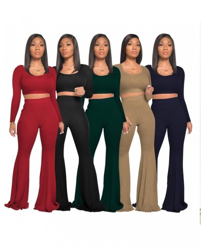 Two Piece Outfits for Women Sexy Crop Top + Flared Long Pants Sweat Suits Ribbed Fitted Tracksuits Yoga Set Dark Green $18.45...