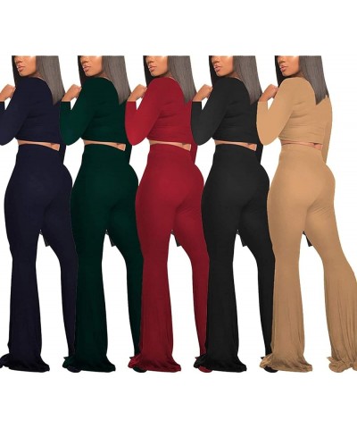 Two Piece Outfits for Women Sexy Crop Top + Flared Long Pants Sweat Suits Ribbed Fitted Tracksuits Yoga Set Dark Green $18.45...