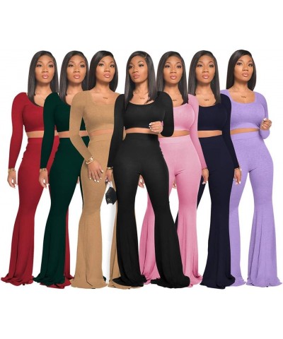 Two Piece Outfits for Women Sexy Crop Top + Flared Long Pants Sweat Suits Ribbed Fitted Tracksuits Yoga Set Dark Green $18.45...